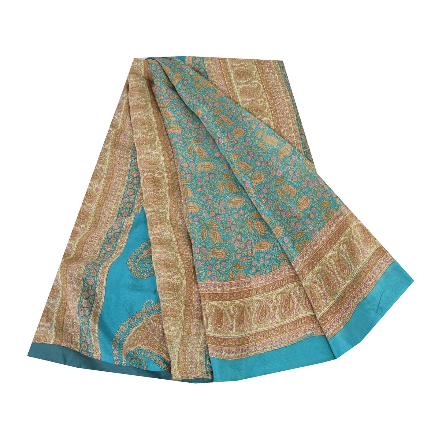 Sanskriti Vintage Sarees From India Blue Pure Silk Printed Sari 6yd Craft Fabric