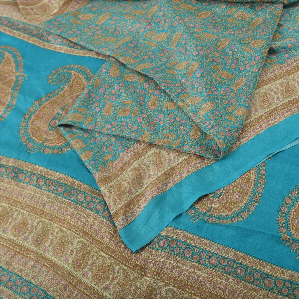 Sanskriti Vintage Sarees From India Blue Pure Silk Printed Sari 6yd Craft Fabric