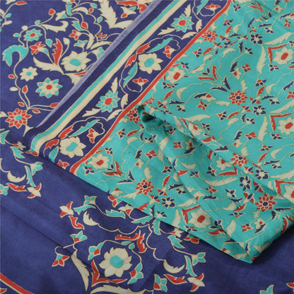 Sanskriti Vintage Sarees Sea-Green/Blue Pure Silk Printed Sari 5yd Craft Fabric