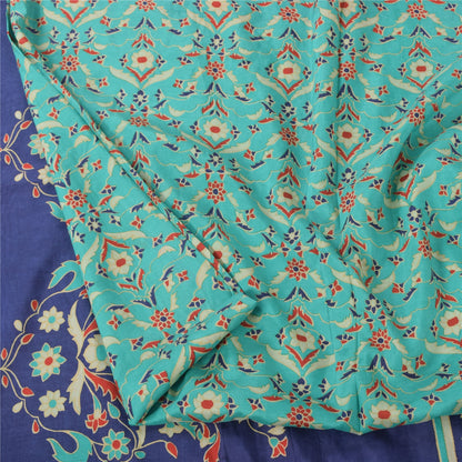 Sanskriti Vintage Sarees Sea-Green/Blue Pure Silk Printed Sari 5yd Craft Fabric