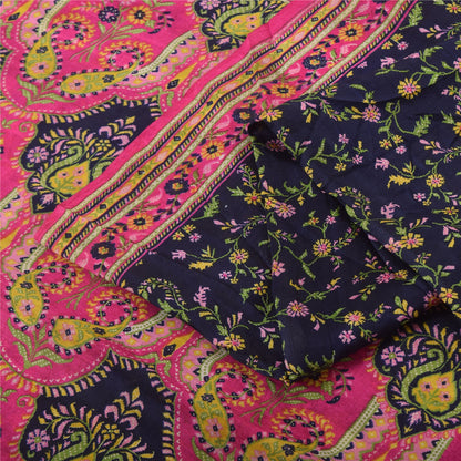 Sanskriti Vintage Sarees Blue/Pink Indian Pure Silk Print Sari 6yd Craft Fabric