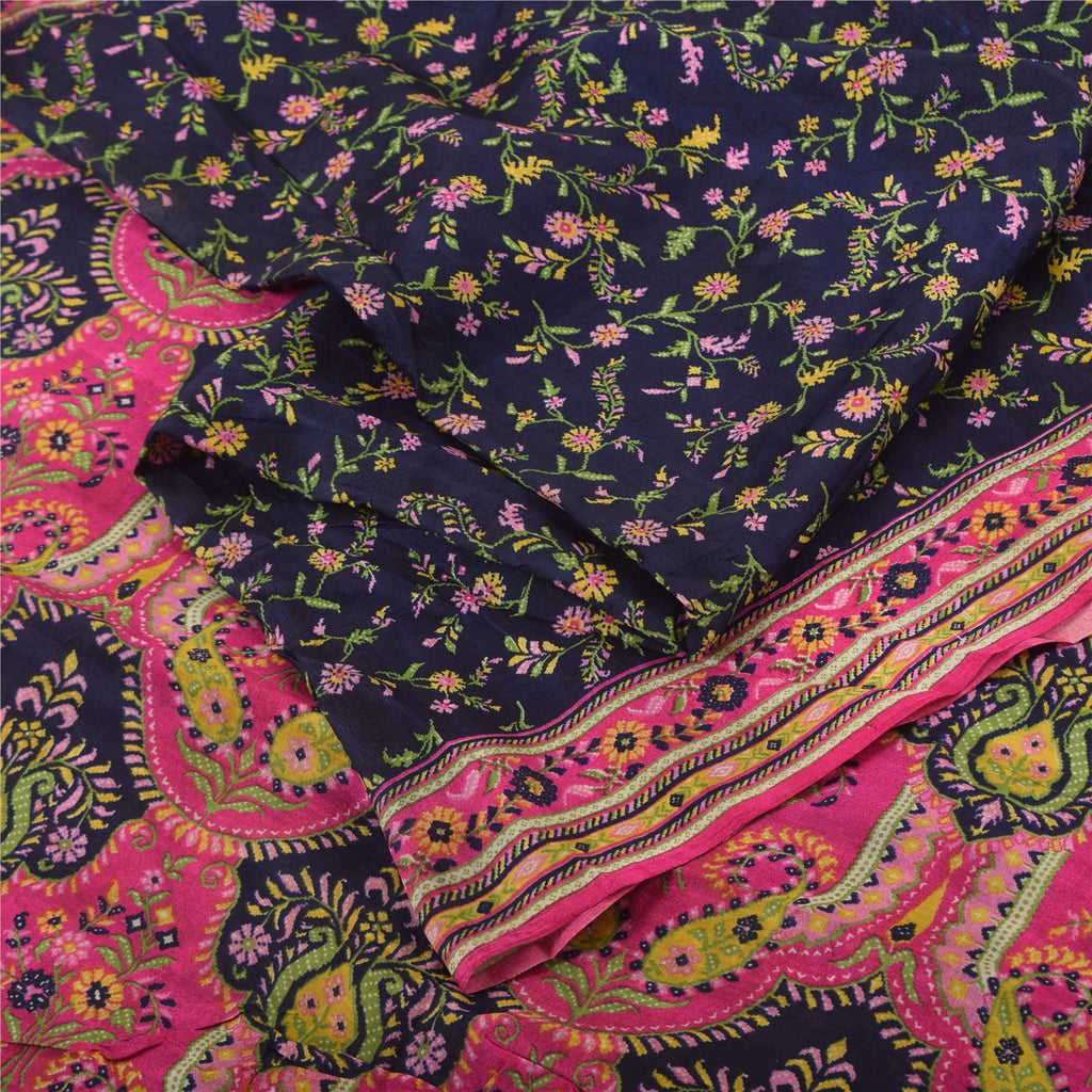 Sanskriti Vintage Sarees Blue/Pink Indian Pure Silk Print Sari 6yd Craft Fabric