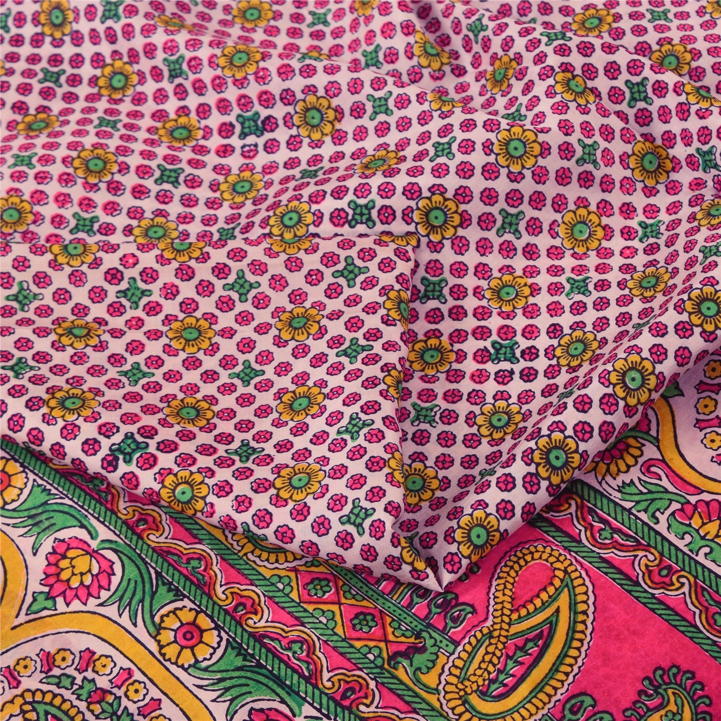 Sanskriti Vintage Sarees From India Pink Pure Silk Printed Sari 6yd Craft Fabric