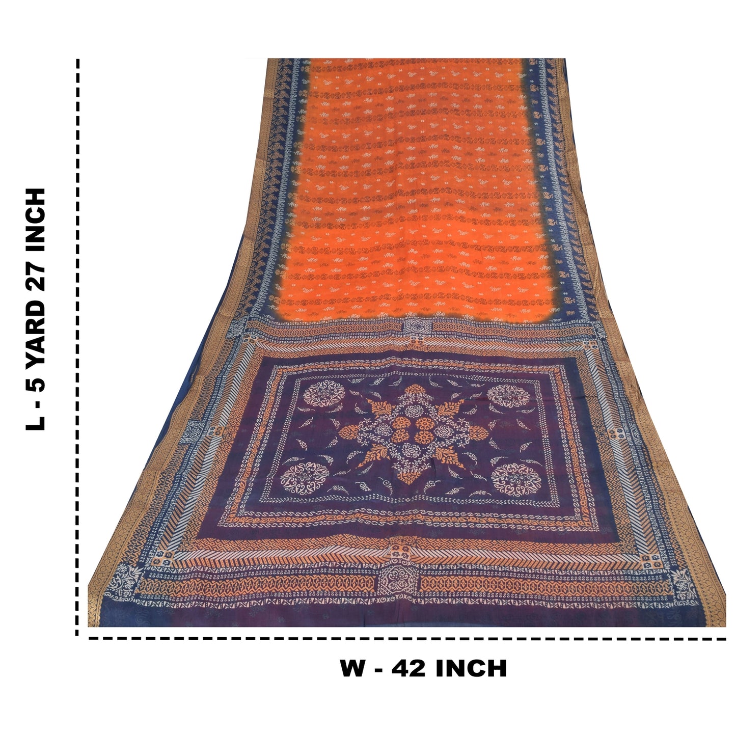 Sanskriti Vintage Sarees Orange/Blue Pure Silk Printed Sari 5yd Craft Fabric