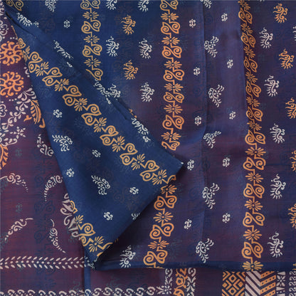 Sanskriti Vintage Sarees Orange/Blue Pure Silk Printed Sari 5yd Craft Fabric