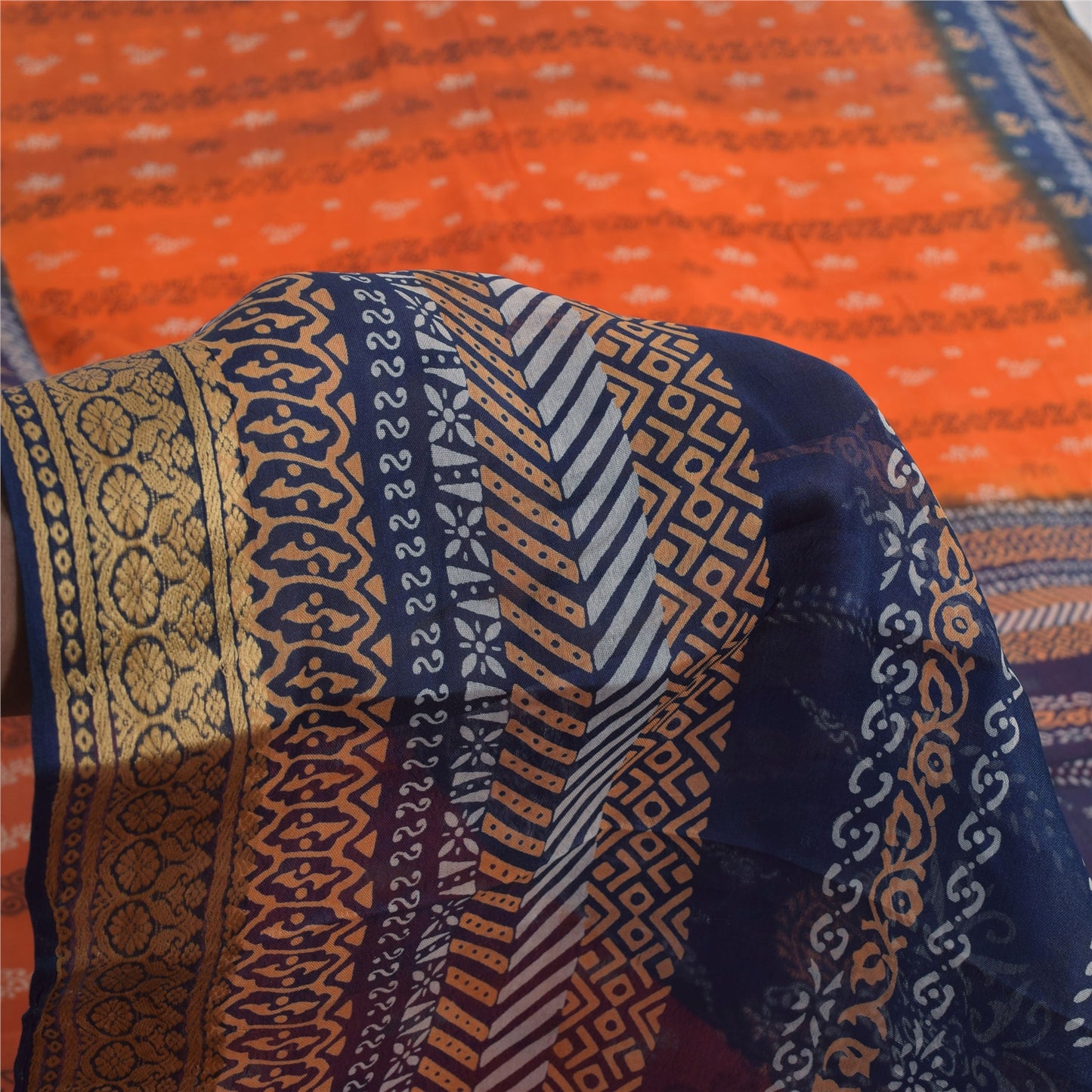 Sanskriti Vintage Sarees Orange/Blue Pure Silk Printed Sari 5yd Craft Fabric