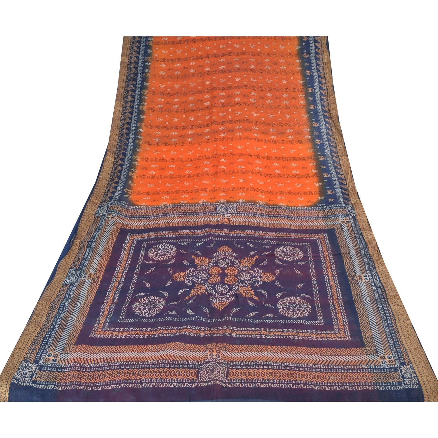 Sanskriti Vintage Sarees Orange/Blue Pure Silk Printed Sari 5yd Craft Fabric