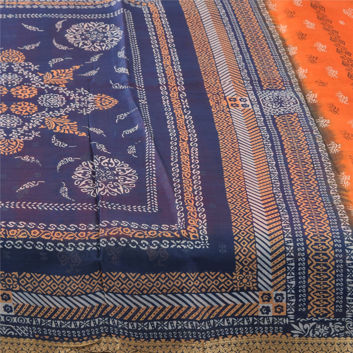 Sanskriti Vintage Sarees Orange/Blue Pure Silk Printed Sari 5yd Craft Fabric