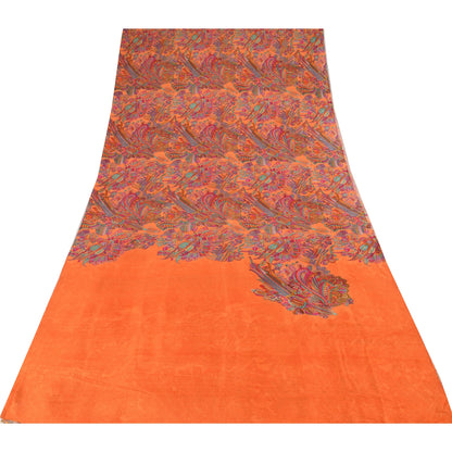 Sanskriti Vintage Sarees Orange 100% Pure Silk Printed Sari 5yd Craft Fabric