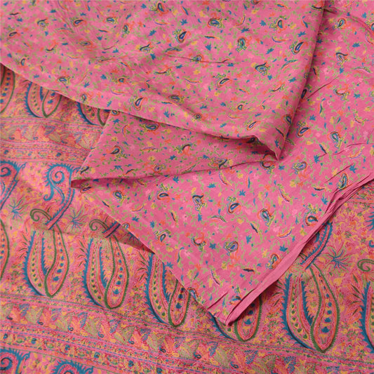 Sanskriti Vintage Sarees From India Pink Pure Silk Printed Sari 6yd Craft Fabric