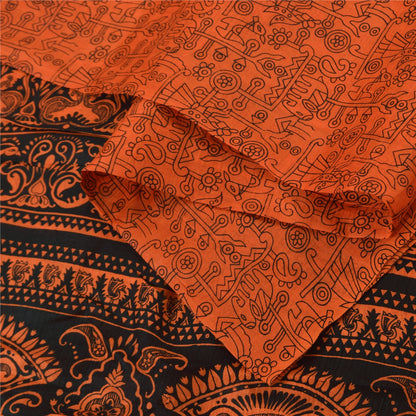 Sanskriti Vintage Sarees Orange Peacock Pure Silk Printed Sari 5yd Craft Fabric