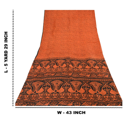 Sanskriti Vintage Sarees Orange Peacock Pure Silk Printed Sari 5yd Craft Fabric