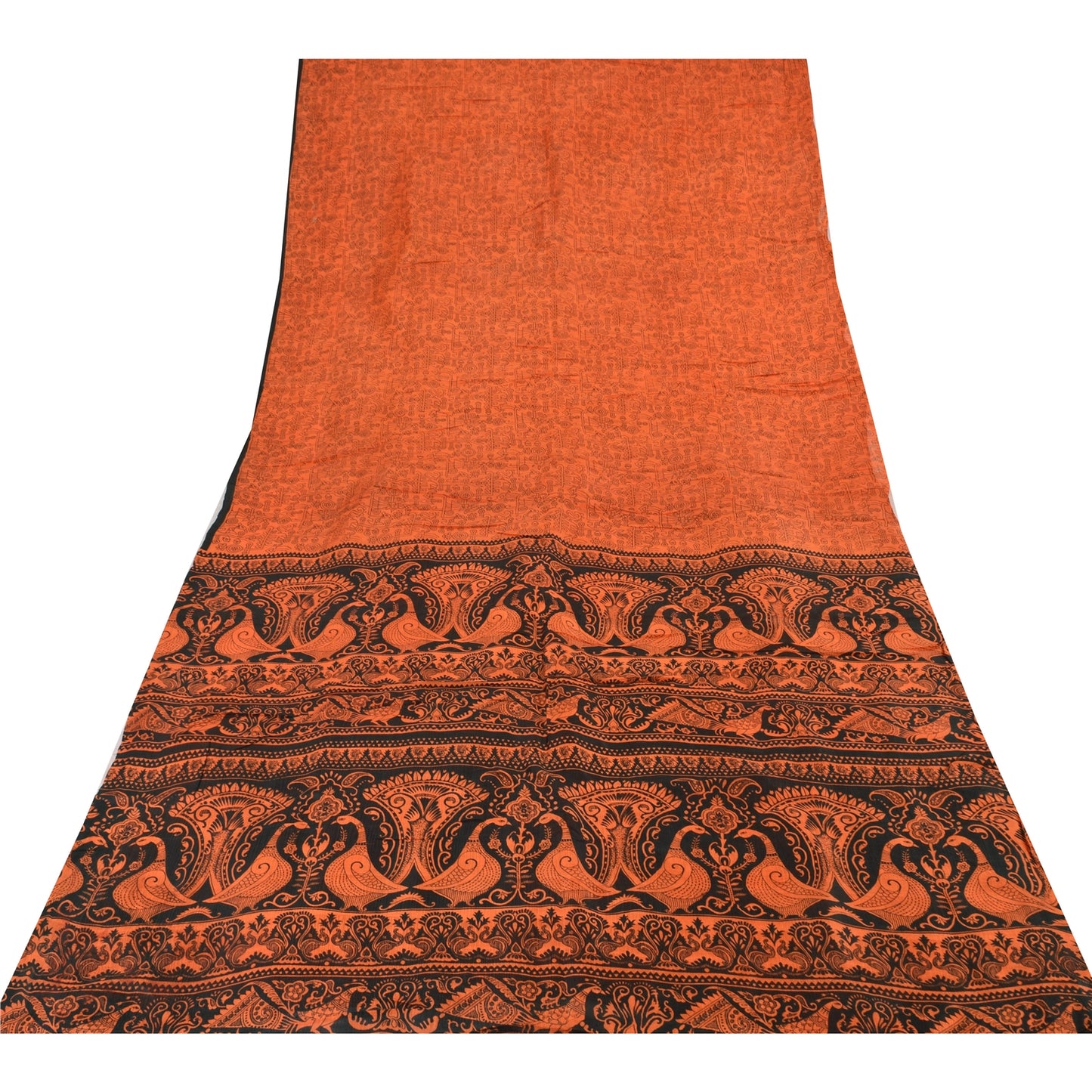 Sanskriti Vintage Sarees Orange Peacock Pure Silk Printed Sari 5yd Craft Fabric