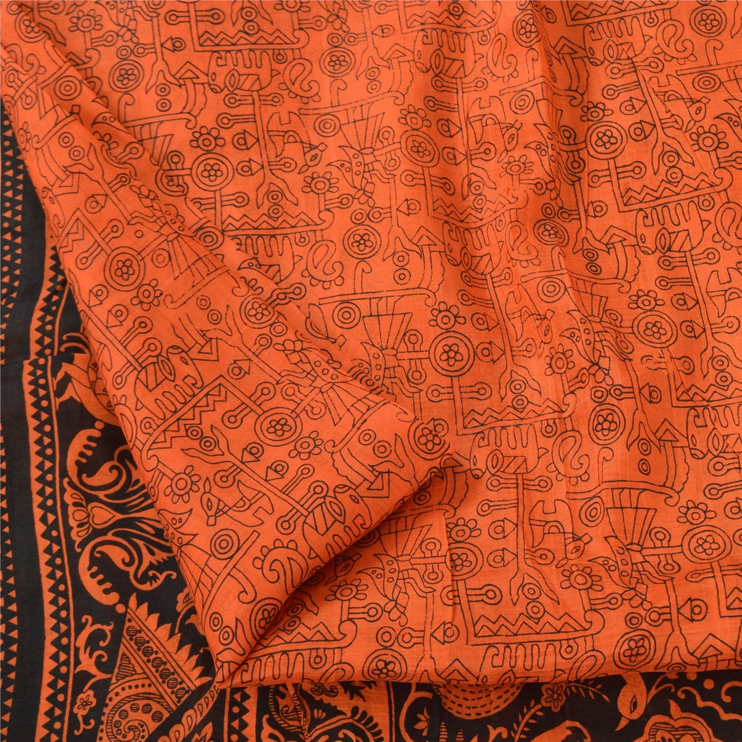 Sanskriti Vintage Sarees Orange Peacock Pure Silk Printed Sari 5yd Craft Fabric