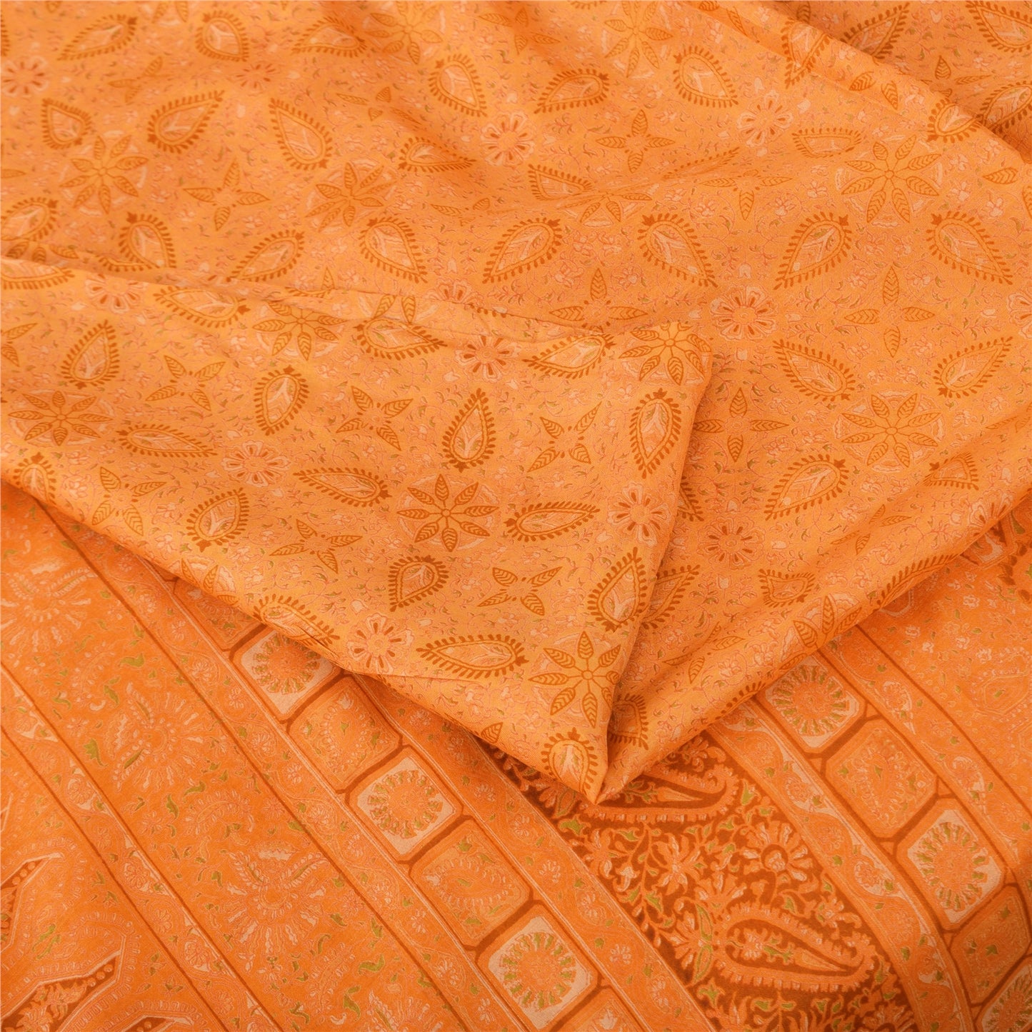 Sanskriti Vintage Sarees Indian Saffron Pure Silk Printed Sari 6yd Craft Fabric