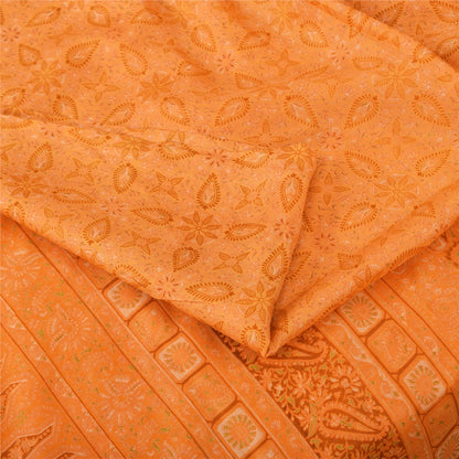 Sanskriti Vintage Sarees Indian Saffron Pure Silk Printed Sari 6yd Craft Fabric