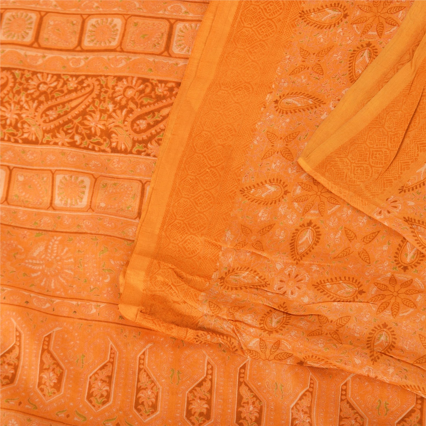 Sanskriti Vintage Sarees Indian Saffron Pure Silk Printed Sari 6yd Craft Fabric