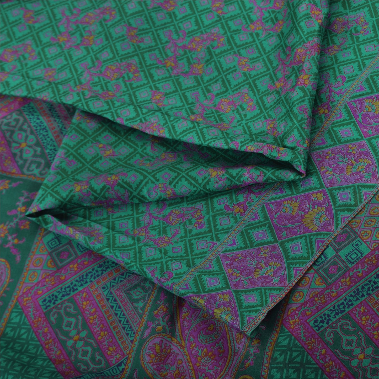 Sanskriti Vintage Sarees Green/Pink 100%Pure Silk Printed Sari 6yd Craft Fabric