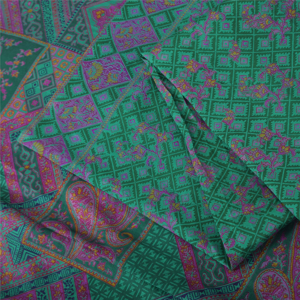 Sanskriti Vintage Sarees Green/Pink 100%Pure Silk Printed Sari 6yd Craft Fabric