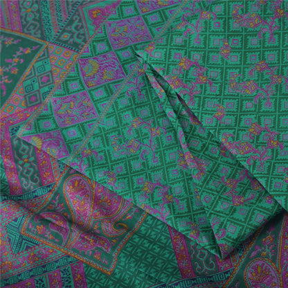 Sanskriti Vintage Sarees Green/Pink 100%Pure Silk Printed Sari 6yd Craft Fabric