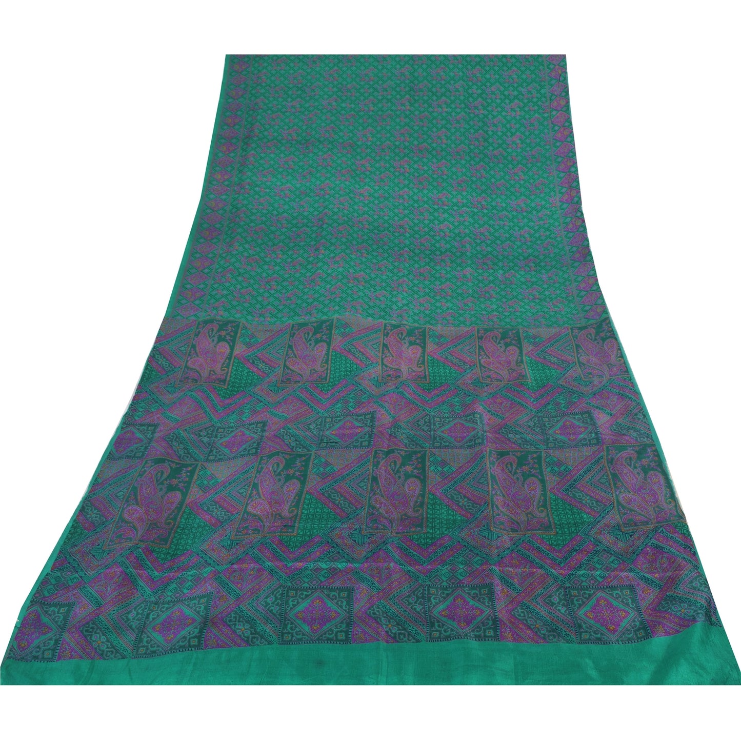 Sanskriti Vintage Sarees Green/Pink 100%Pure Silk Printed Sari 6yd Craft Fabric