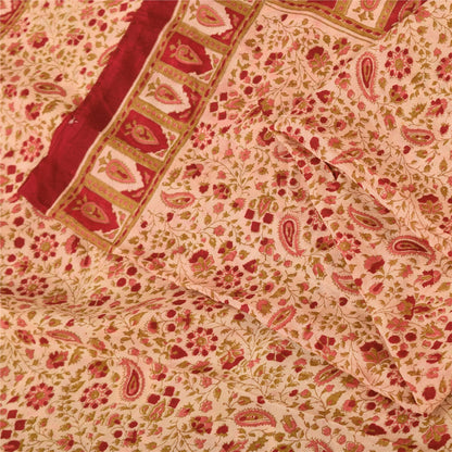 Sanskriti Vintage Sarees Peach/Red Pure Silk Printed Sari 5yd Craft Fabric