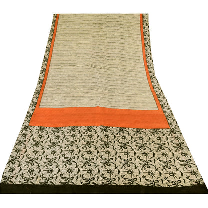 Sanskriti Vintage Sarees Ivory/Black Pure Silk Printed Sari 5yd Craft Fabric