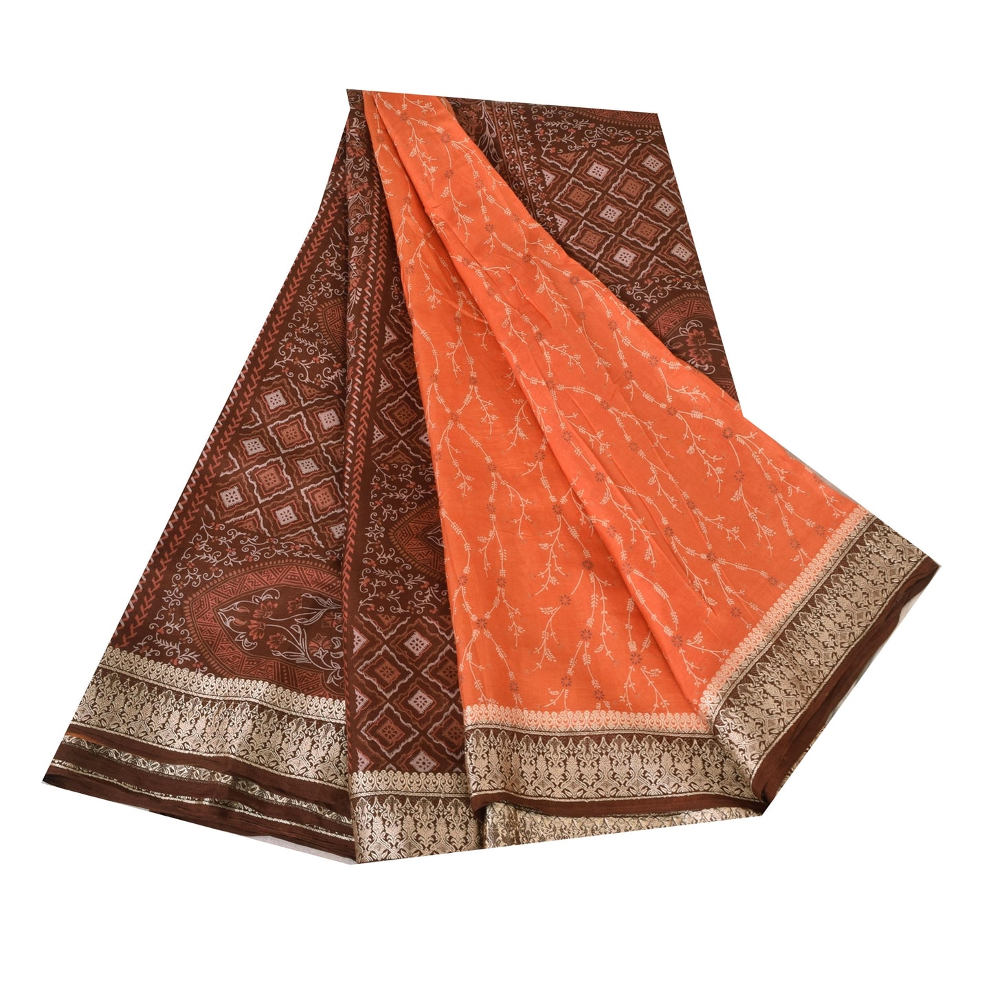 Sanskriti Vintage Sarees Orange/Brown Pure Silk Printed Sari 5yd Craft Fabric