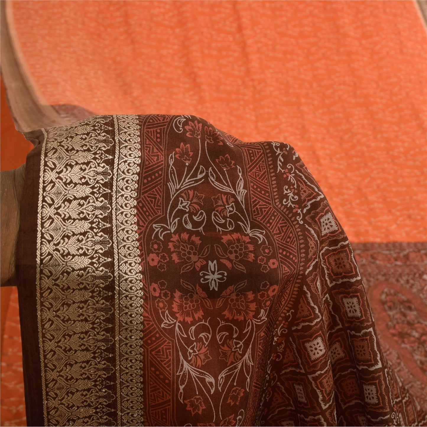 Sanskriti Vintage Sarees Orange/Brown Pure Silk Printed Sari 5yd Craft Fabric