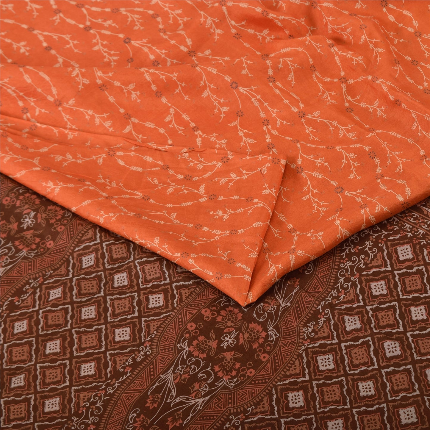 Sanskriti Vintage Sarees Orange/Brown Pure Silk Printed Sari 5yd Craft Fabric