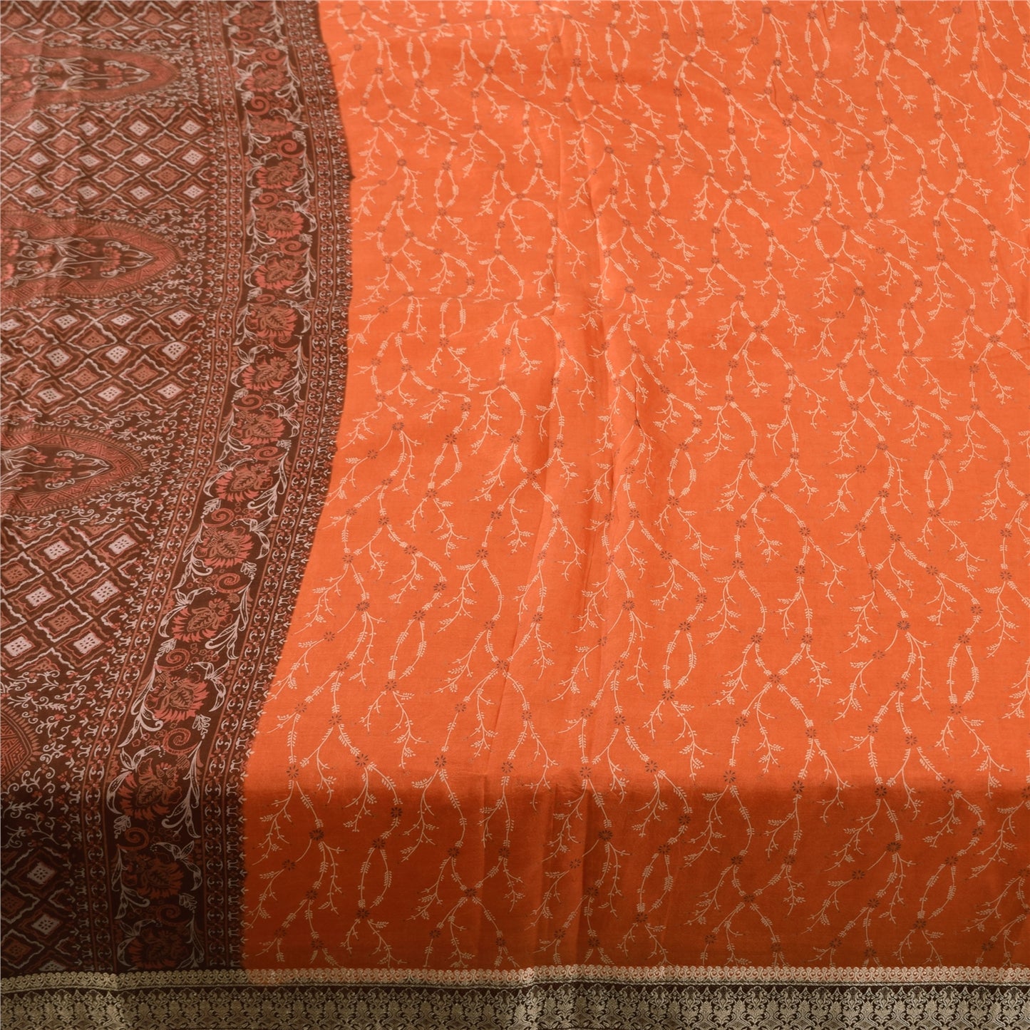 Sanskriti Vintage Sarees Orange/Brown Pure Silk Printed Sari 5yd Craft Fabric