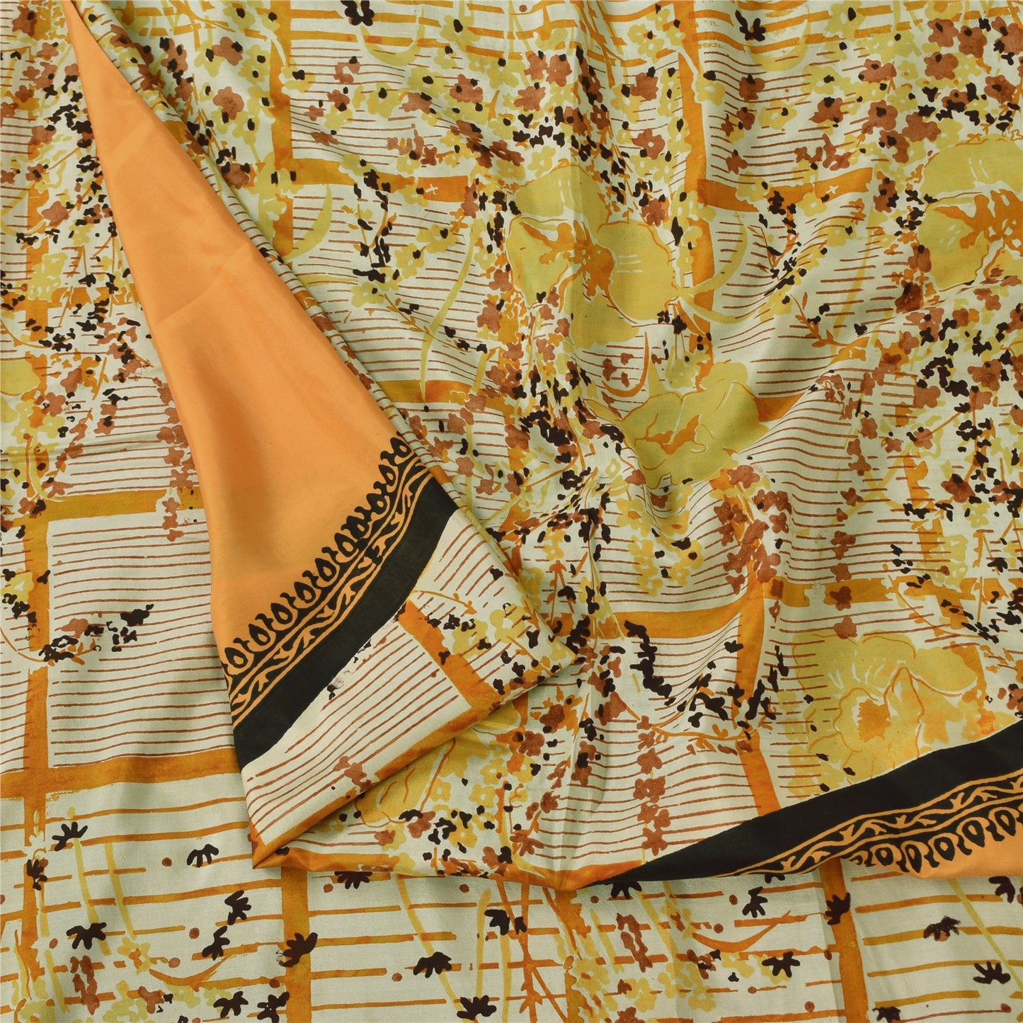 Sanskriti Vintage Sarees Orange/Ivory Pure Silk Printed Sari 5yd Craft Fabric