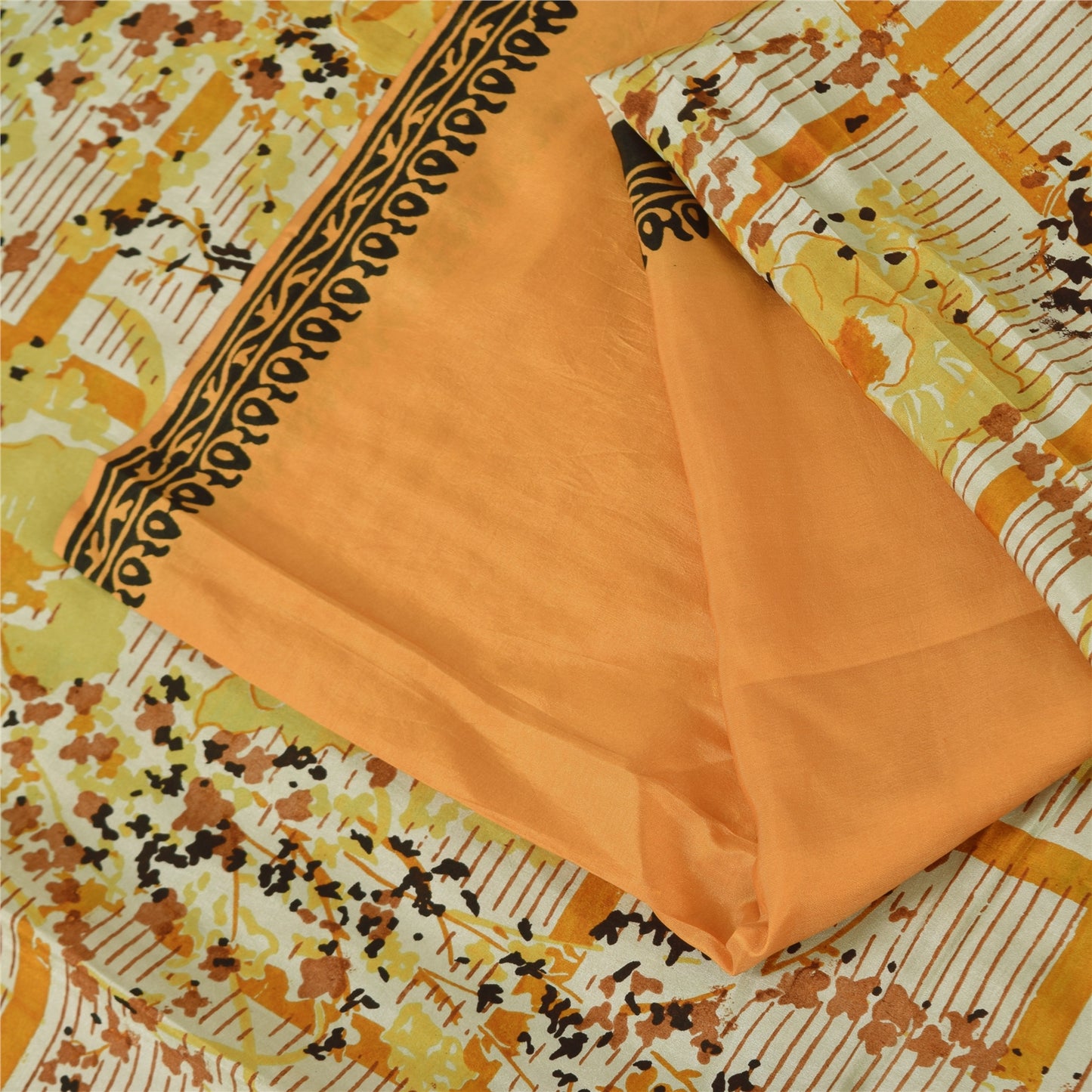 Sanskriti Vintage Sarees Orange/Ivory Pure Silk Printed Sari 5yd Craft Fabric