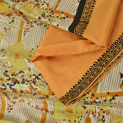 Sanskriti Vintage Sarees Orange/Ivory Pure Silk Printed Sari 5yd Craft Fabric