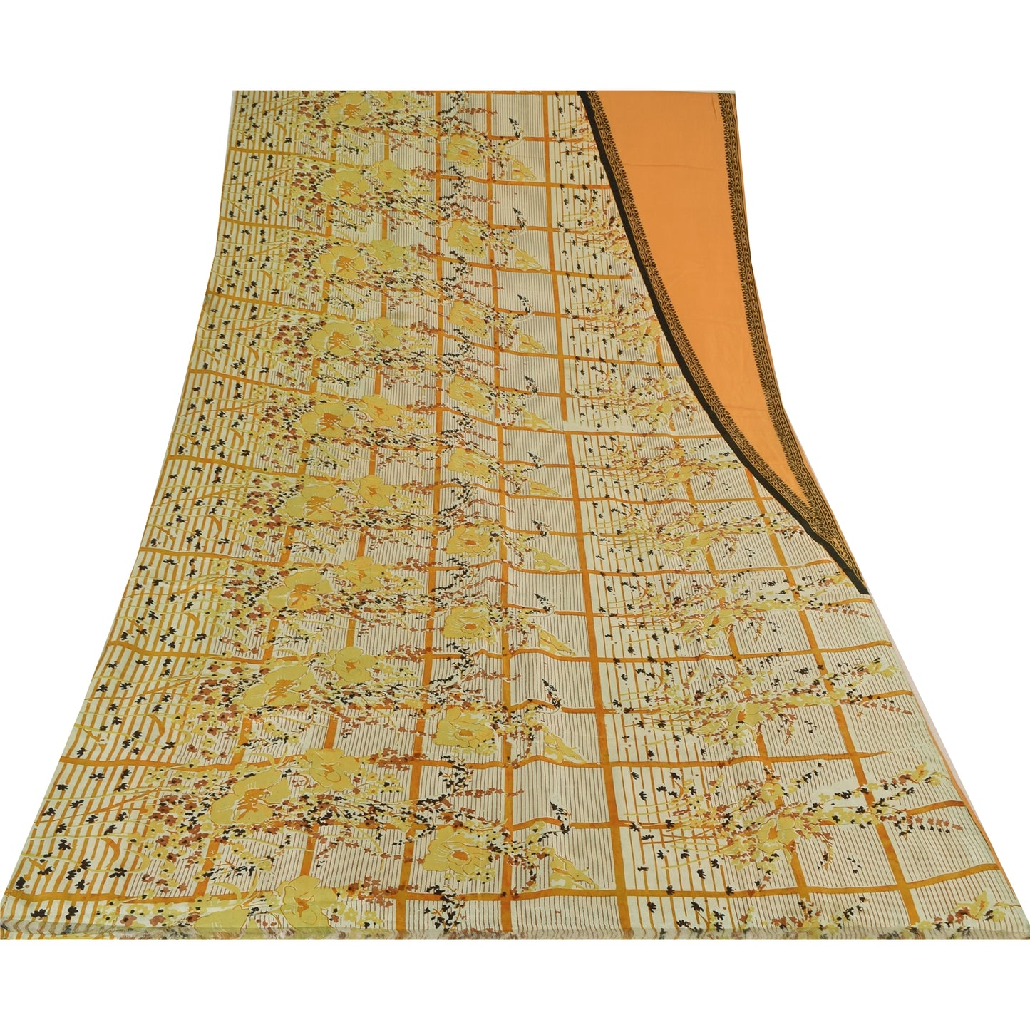 Sanskriti Vintage Sarees Orange/Ivory Pure Silk Printed Sari 5yd Craft Fabric