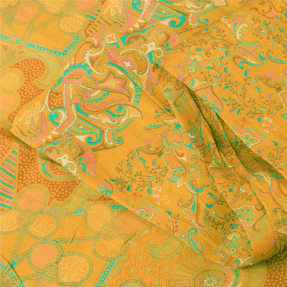 Sanskriti Vintage Sarees Yellow 100% Pure Silk Printed Sari 5yd Craft Fabric