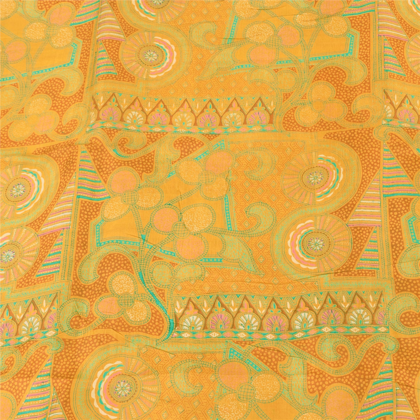 Sanskriti Vintage Sarees Yellow 100% Pure Silk Printed Sari 5yd Craft Fabric