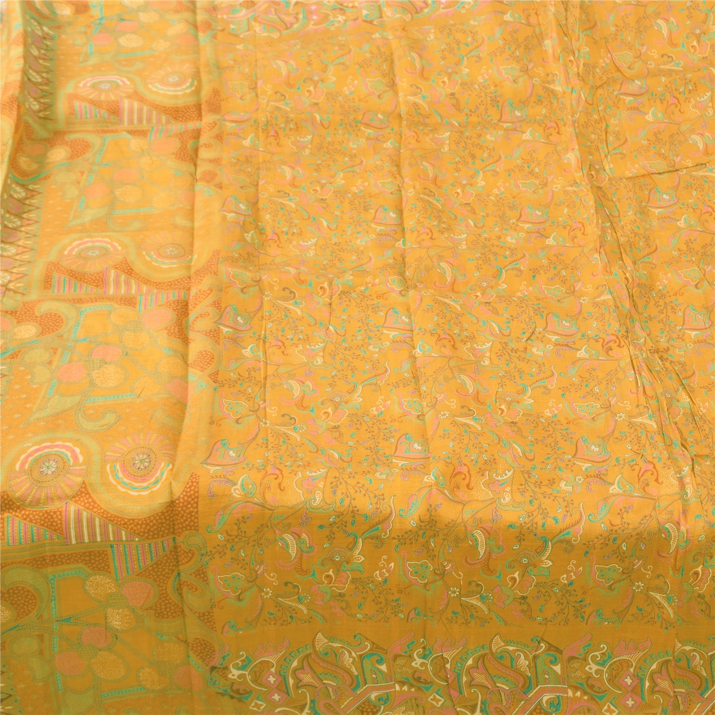 Sanskriti Vintage Sarees Yellow 100% Pure Silk Printed Sari 5yd Craft Fabric