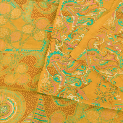 Sanskriti Vintage Sarees Yellow 100% Pure Silk Printed Sari 5yd Craft Fabric