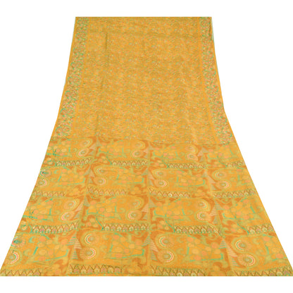 Sanskriti Vintage Sarees Yellow 100% Pure Silk Printed Sari 5yd Craft Fabric