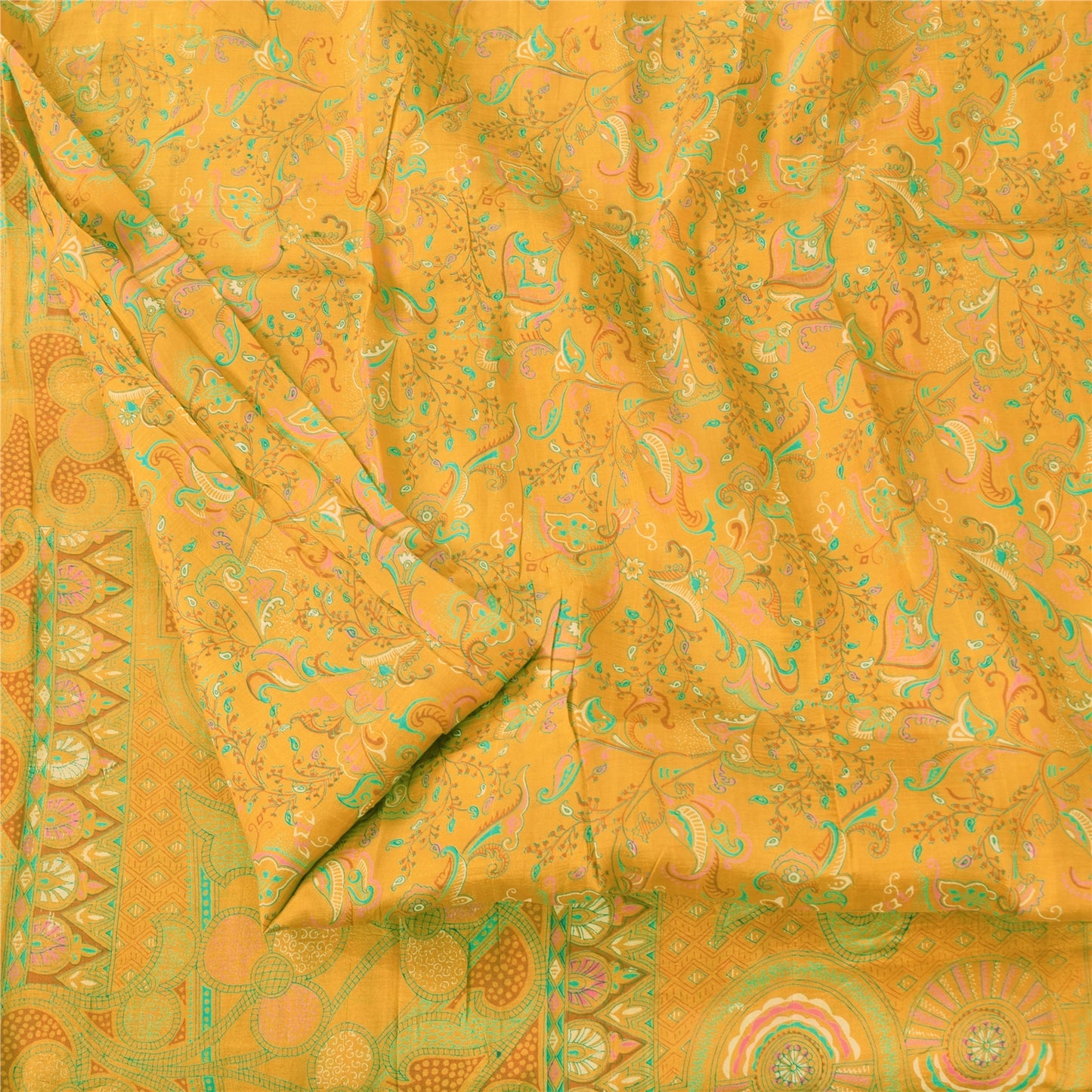 Sanskriti Vintage Sarees Yellow 100% Pure Silk Printed Sari 5yd Craft Fabric