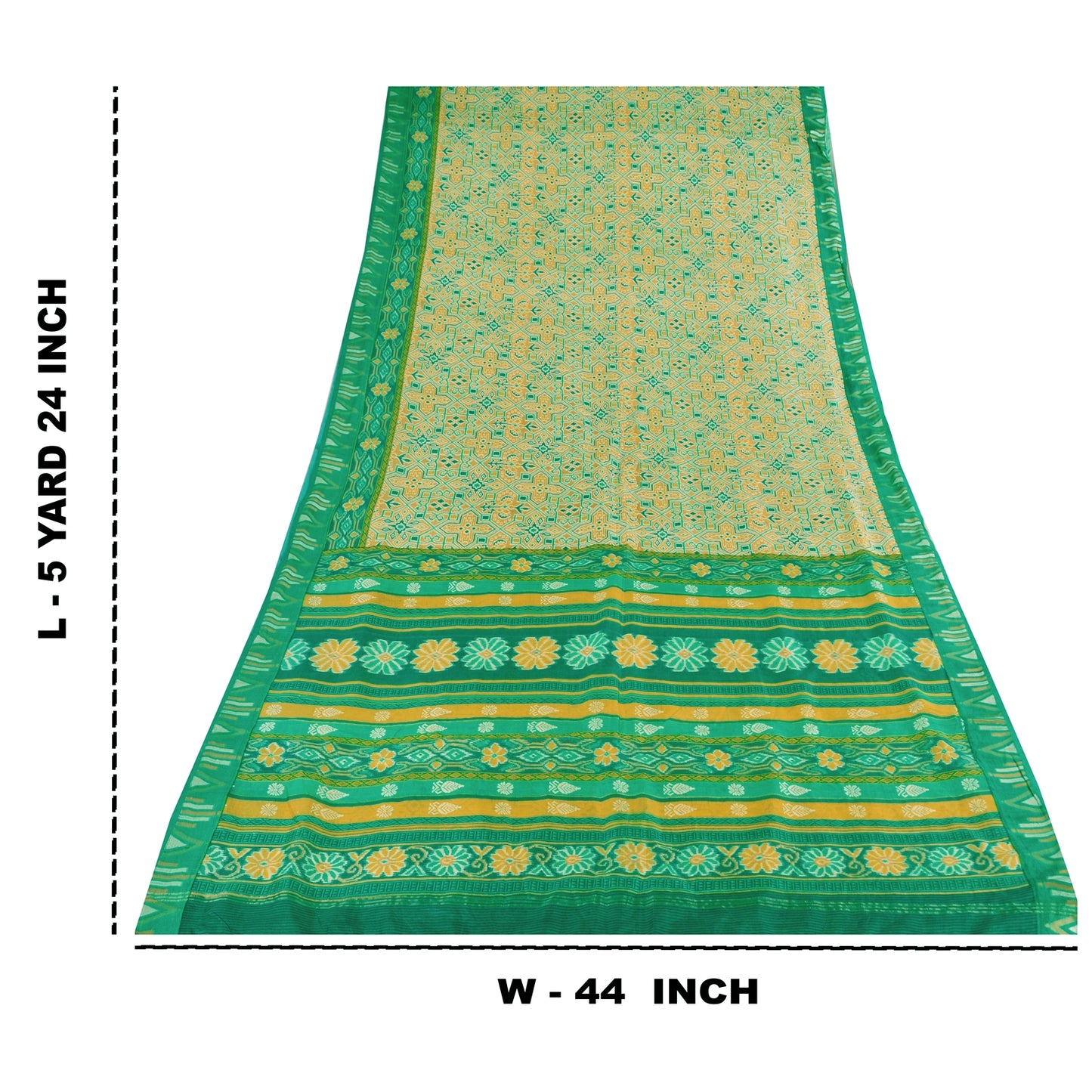 Sanskriti Vintage Sarees Yellow/Green Pure Silk Ikat Printed Sari Craft Fabric