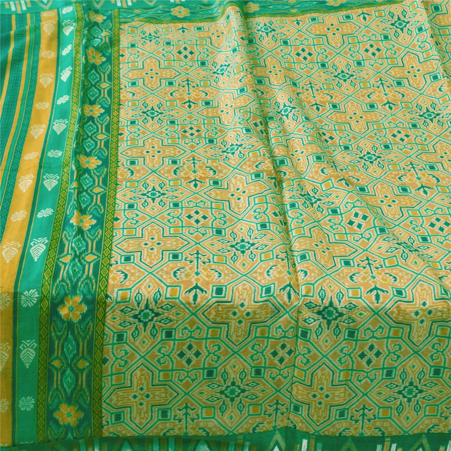 Sanskriti Vintage Sarees Yellow/Green Pure Silk Ikat Printed Sari Craft Fabric