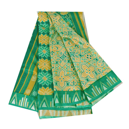 Sanskriti Vintage Sarees Yellow/Green Pure Silk Ikat Printed Sari Craft Fabric