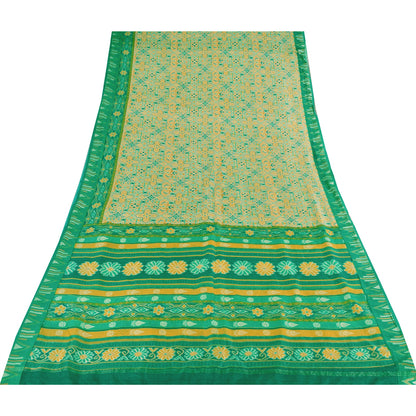 Sanskriti Vintage Sarees Yellow/Green Pure Silk Ikat Printed Sari Craft Fabric