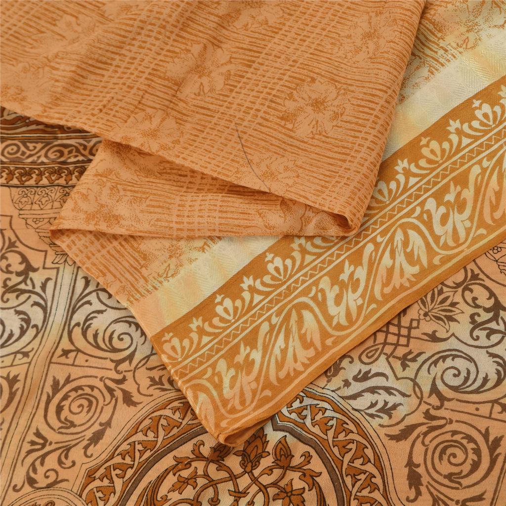 Sanskriti Vintage Sarees Shades Of Brown Pure Silk Printed Sari 5yd Craft Fabric