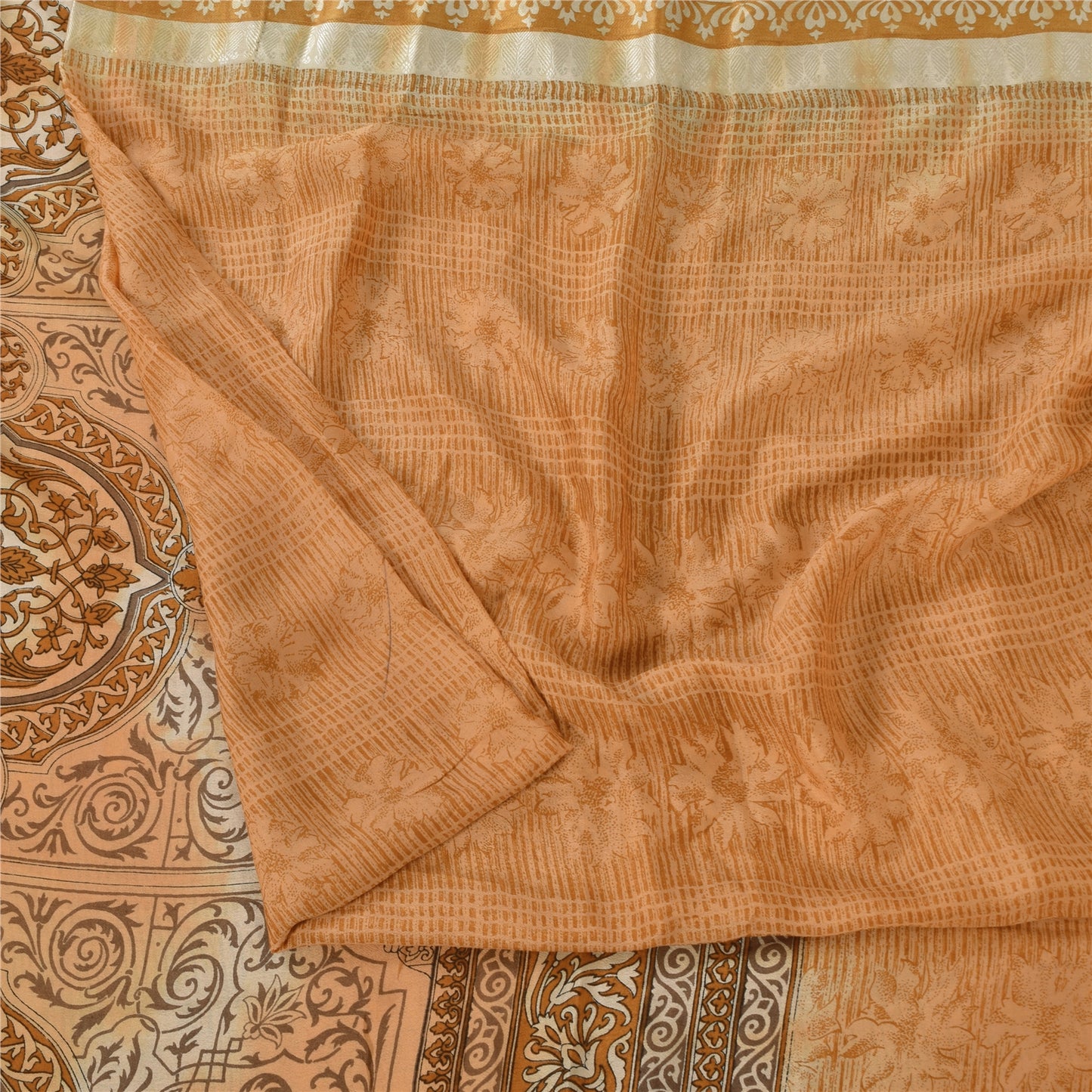 Sanskriti Vintage Sarees Shades Of Brown Pure Silk Printed Sari 5yd Craft Fabric