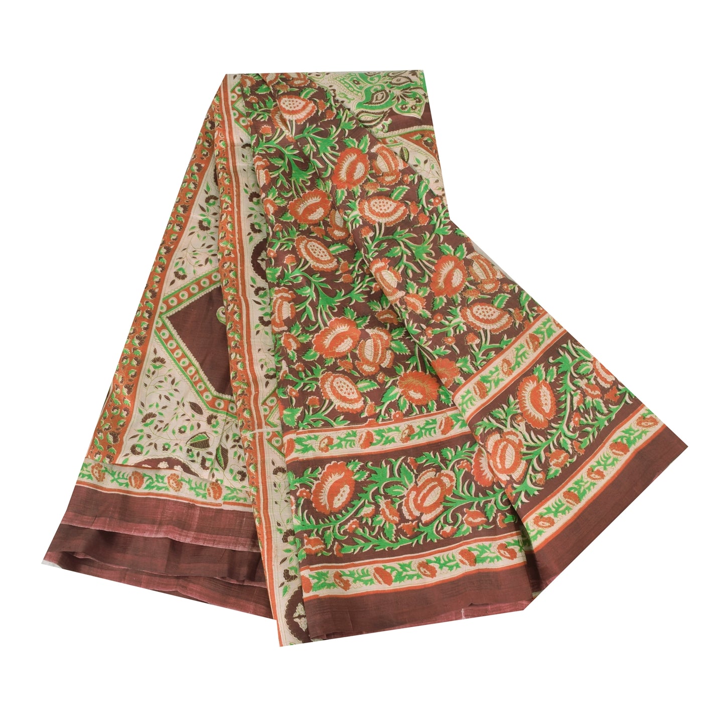 Sanskriti Vintage Sarees Indian Brown Pure Silk Printed Sari 5yd Craft Fabric