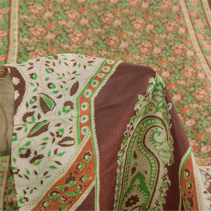 Sanskriti Vintage Sarees Indian Brown Pure Silk Printed Sari 5yd Craft Fabric