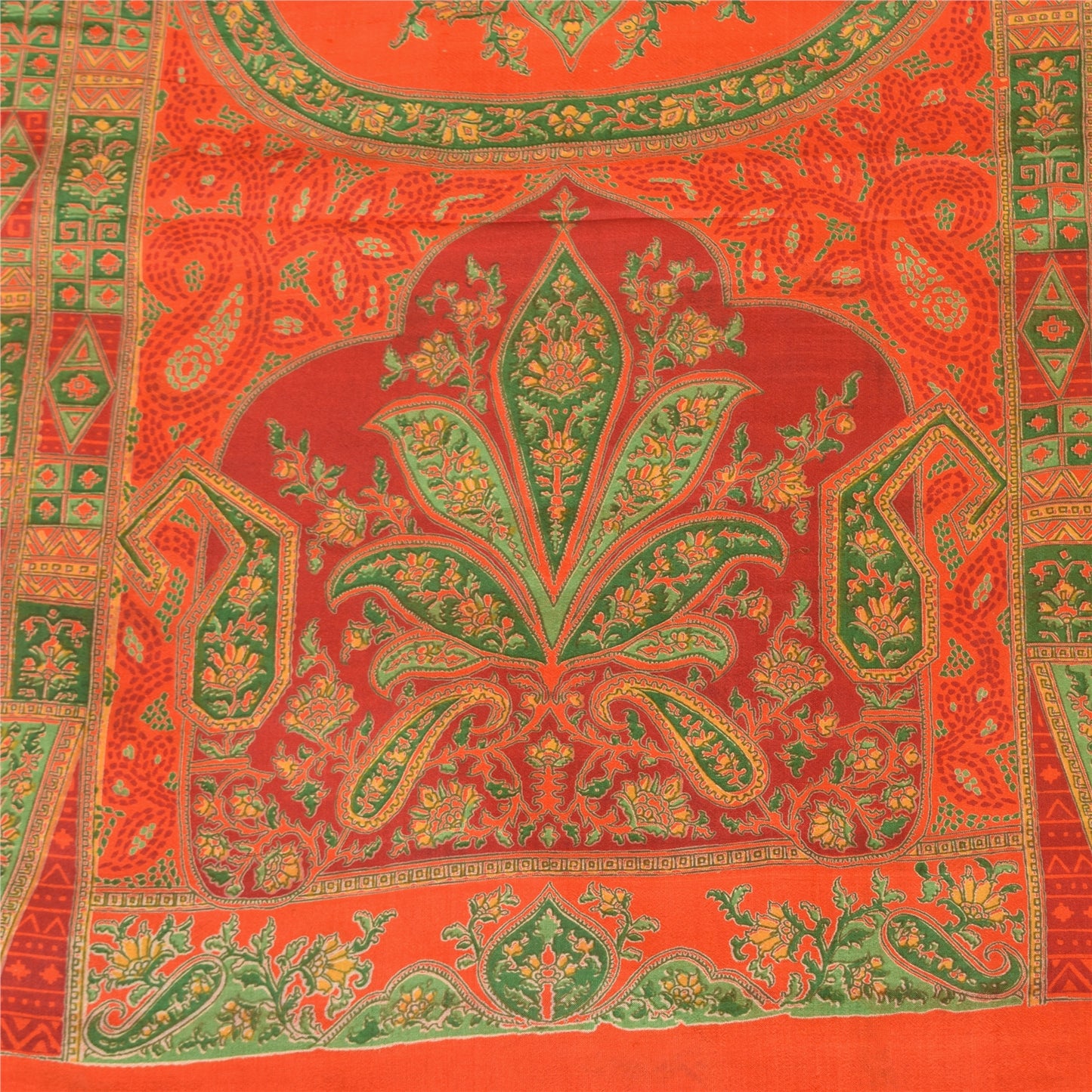 Sanskriti Vintage Sarees Orange/Green Pure Silk Printed Sari 6yd Craft Fabric